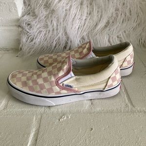 VANS, Pink, Cream, Checkerboard, Classic Slip-on, 7, Sneaker, Skate Shoes